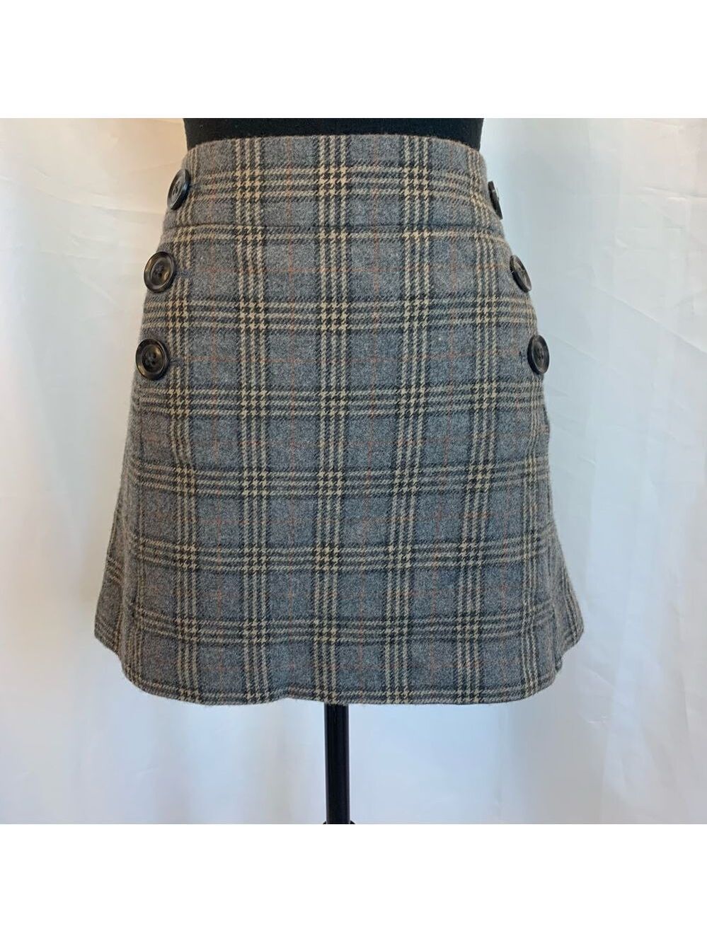 GAP gray brown wool plaid check button detail miniskirt Sz 8 - Picture 4 of 14